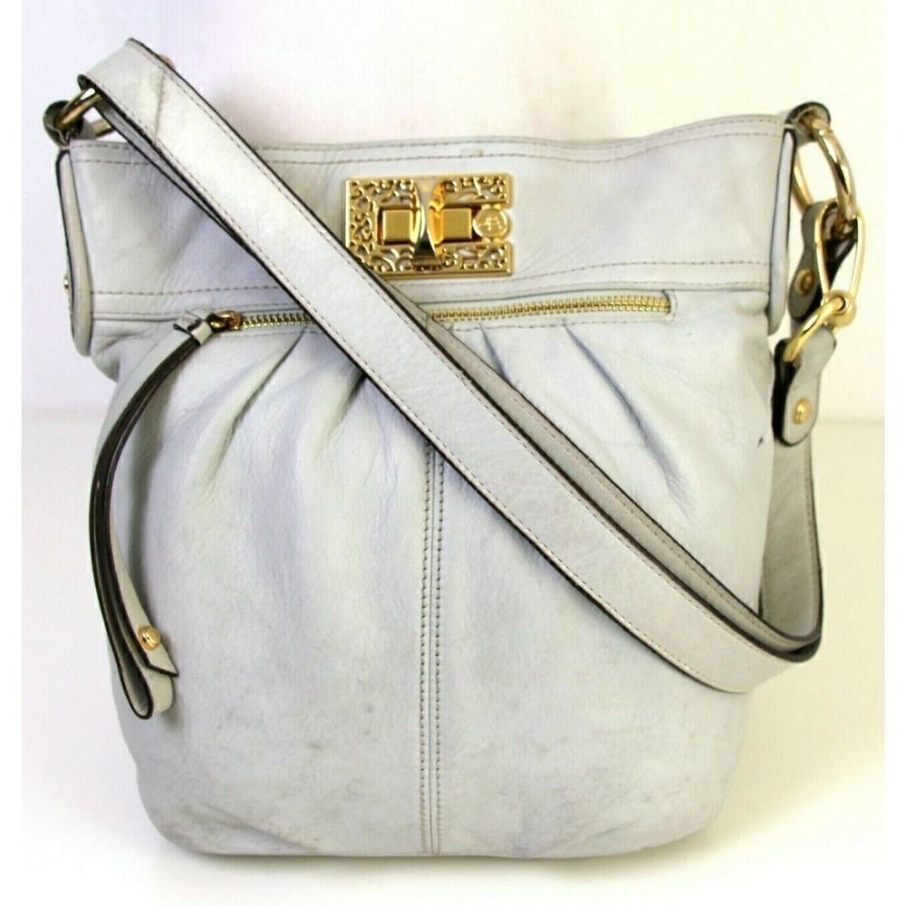 B. Makowsky LIGHT GRAY GENUINE LEATHER X-BODY PURSE SHOULDER BAG HANDBAG POUCH